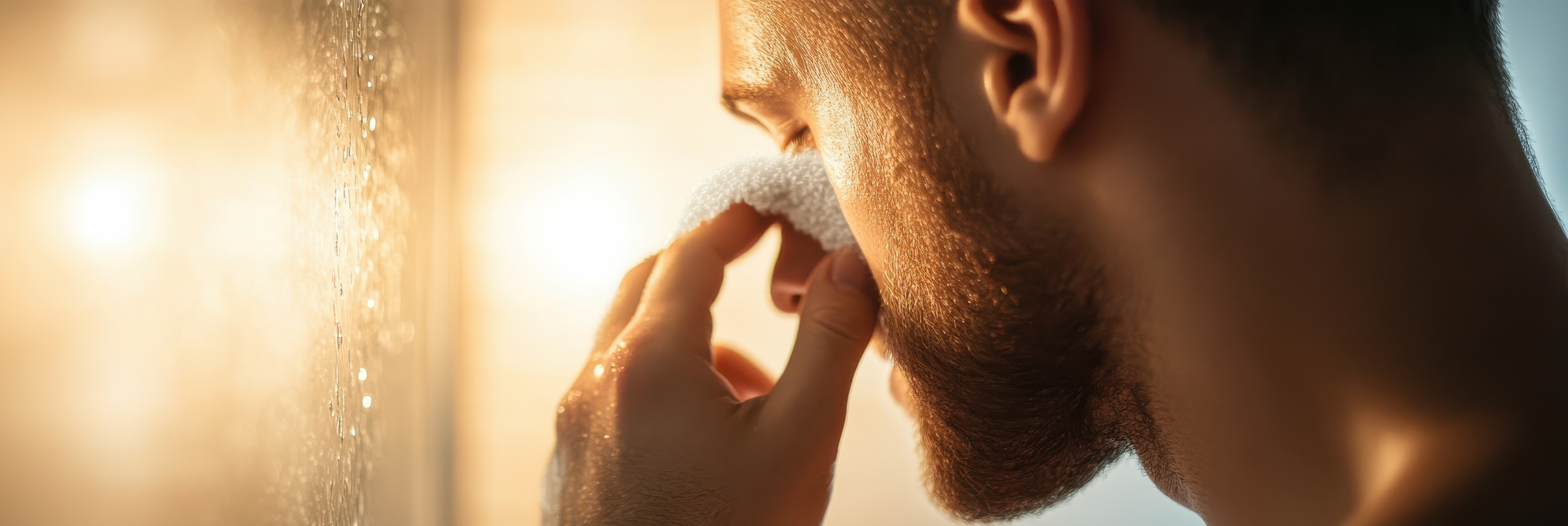 Man washing face with foaming soap in sunlit shower